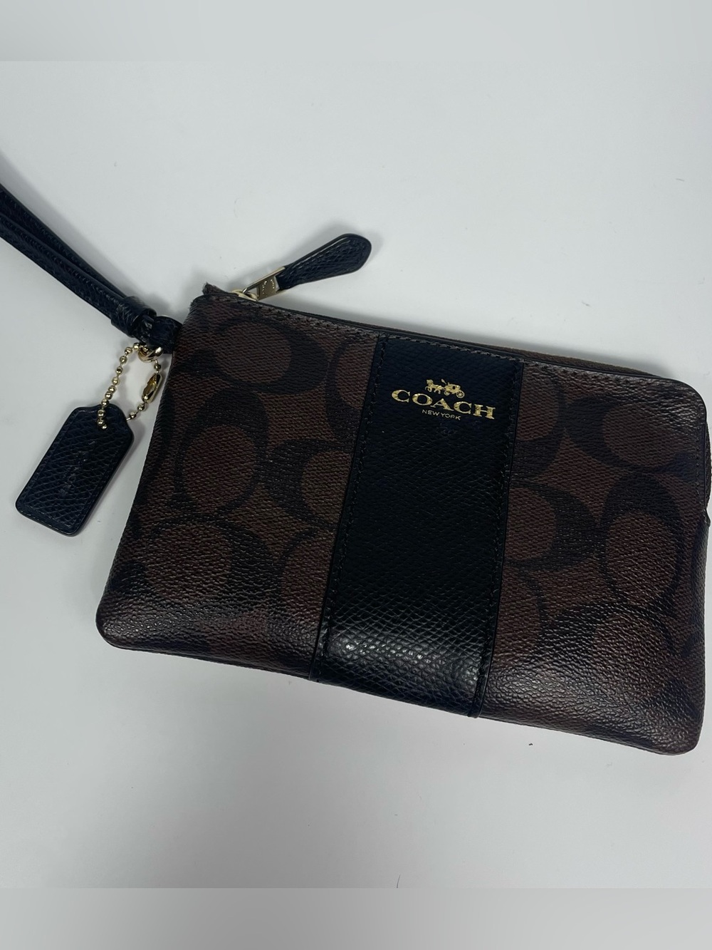 Coach Corner Zip Wristlet Signature PVC Leather Brown Black - Picture 9 of 9